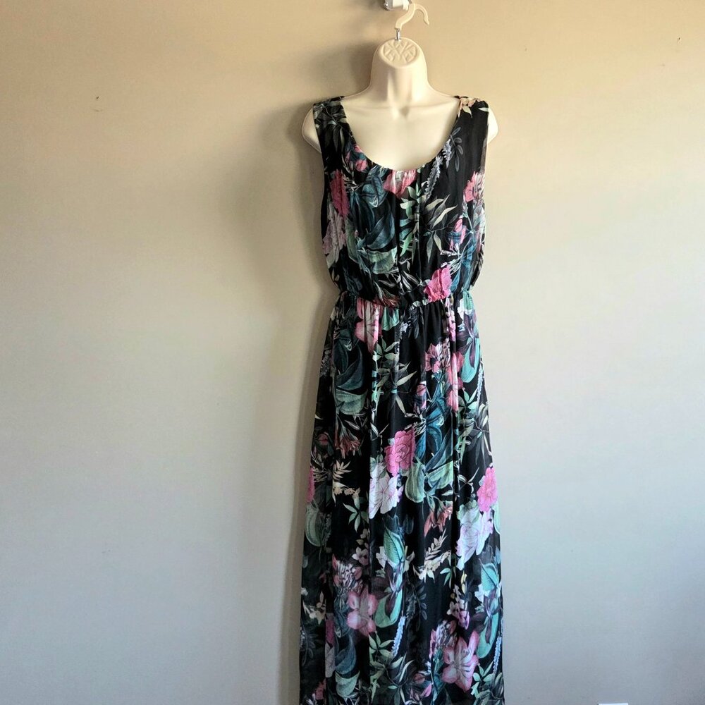 Floral Black Maxi Dress with Pink & Teal Accents